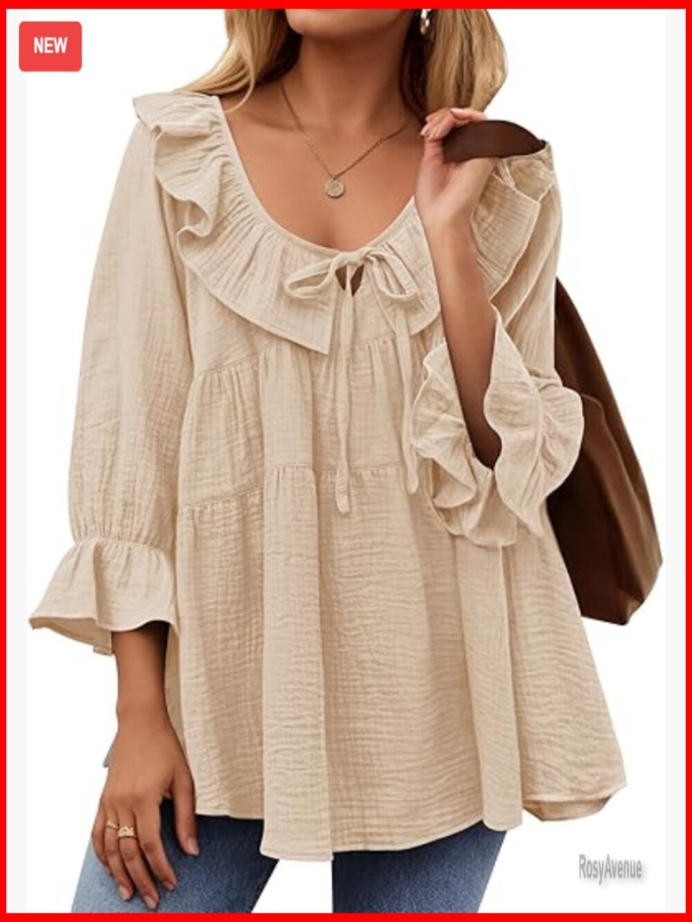 Scoop Neck 3/4 Sleeve Tie Front Tunic Top Ruffle Blouse